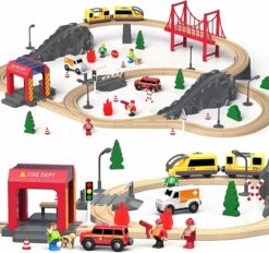 72PCS Fire Station Wooden Train Track Electric Train Set RO31