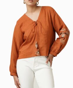Linen Embroidered Sleeve Top RO1
